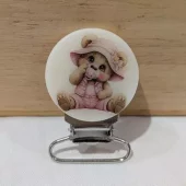 Seleklips sølv 25mm, bamse m/rosa