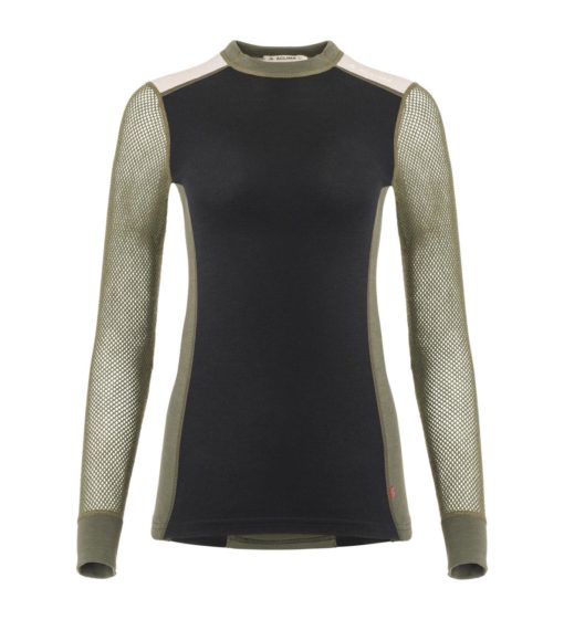 Woolnet Hybrid Crewneck wmn "jet black/olive night"- Aclima