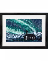 KIRKE I NORDLYS Bilde 18x13 cm