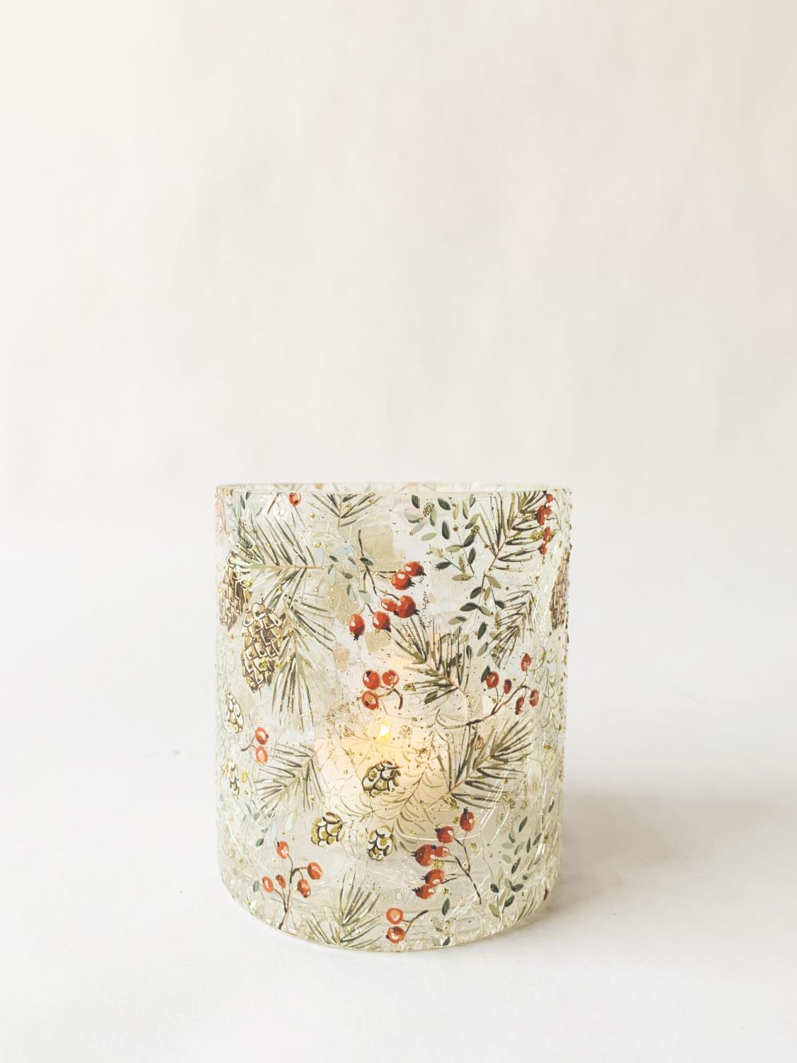 Trend Design Lysglass Krakelert - Konglemønster/Røde Bær H 10 Cm