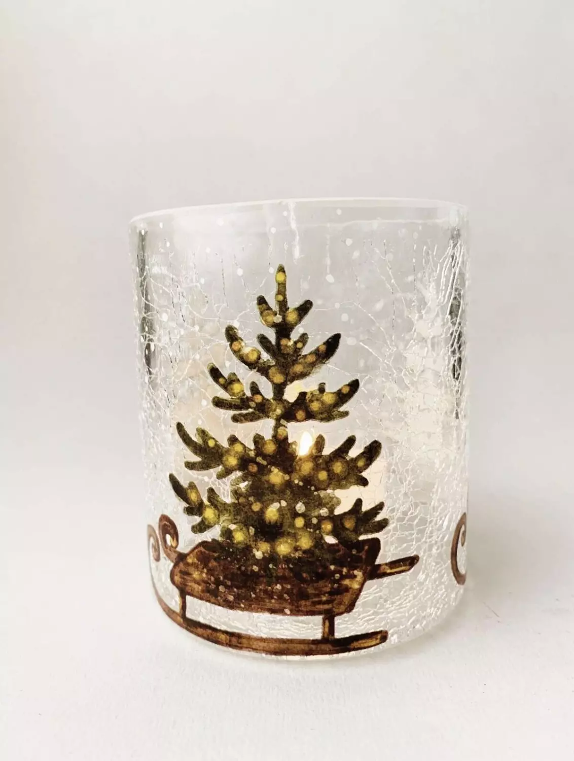 Trend Design Lysglass krakelert juletre/kjelke 9×10 cm