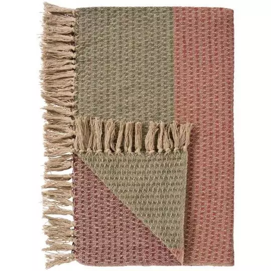 Ib Laursen Rutete pledd – natur med grønt/rust/burgunderrødt stripemønster (130×160 cm)