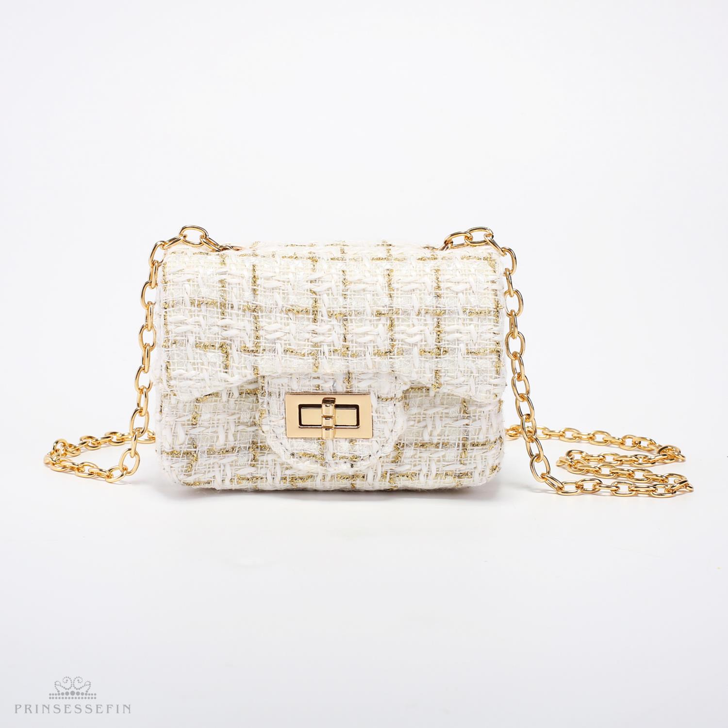 Prinsessefin Veske Stor Tweed White/Gold