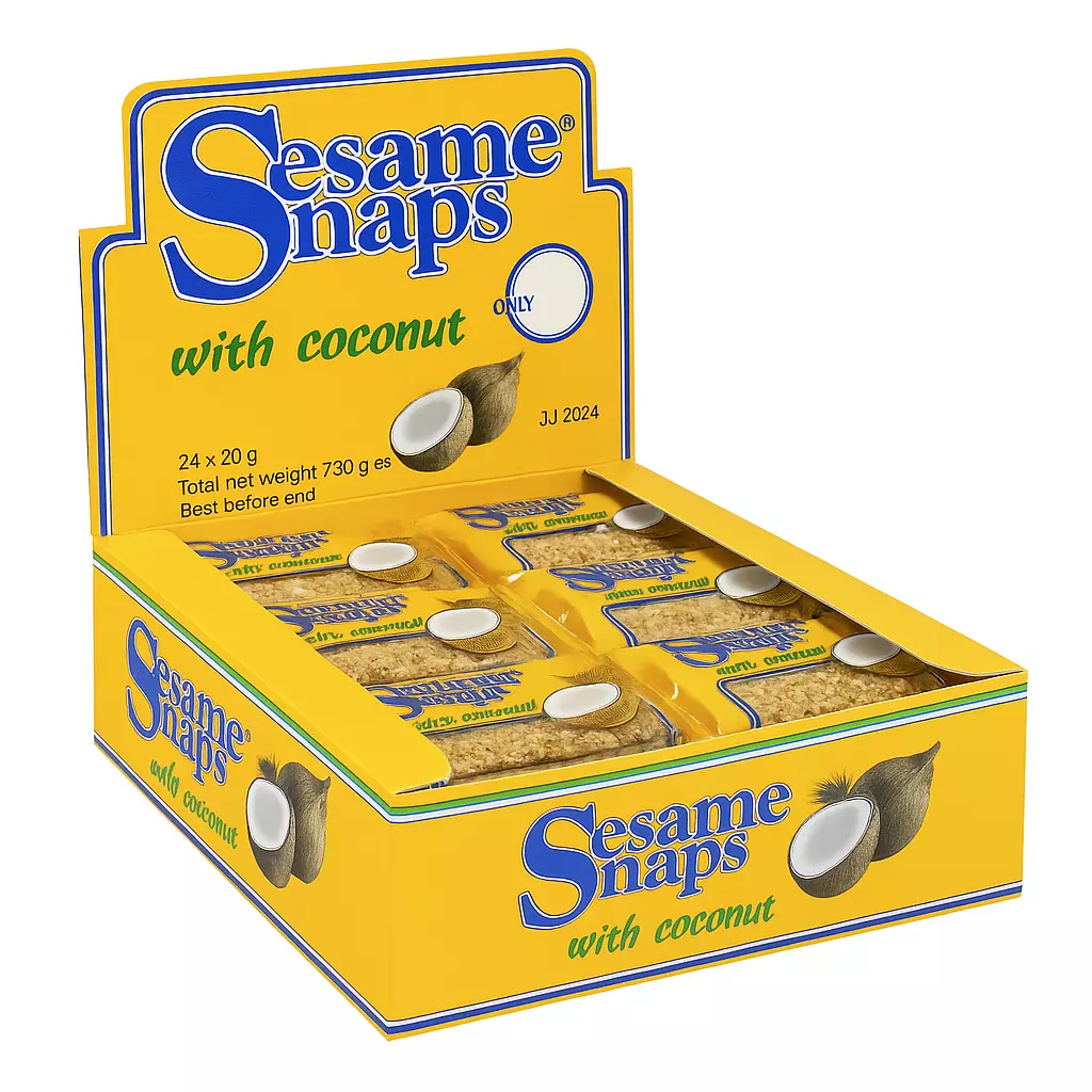 Sesame Snaps Coconut 30g x 24 - Ny Ankomst 13.11.25 (Etikett)
