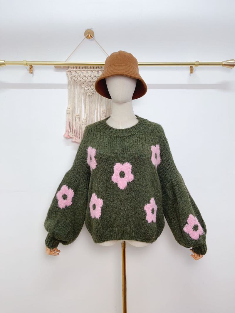Flower Knit Sweater Green
