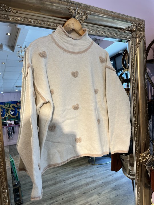 Heart High Neck Sweater Beige