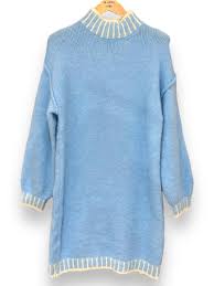 Long Knit Sweater High Neck Blue