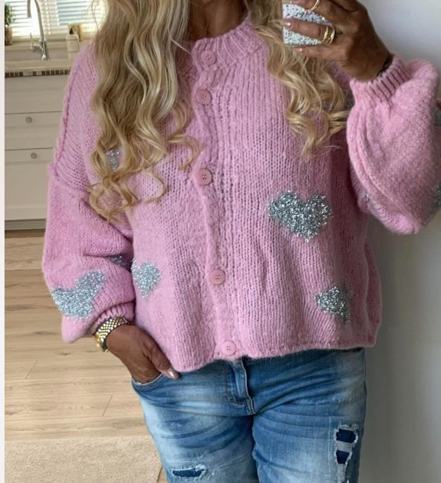 Glitterhjerte Strikk Cardigan Rosa