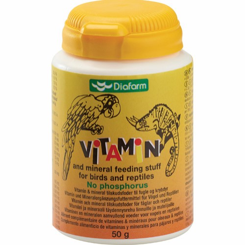Diafarm Vitamin og mineralblanding til fugler og reptiler uten fosfor, 50 gr.