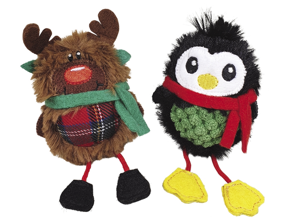 Jul Katteleke Xmas Plush Penguin and Reindeer, silver vine 13 cm