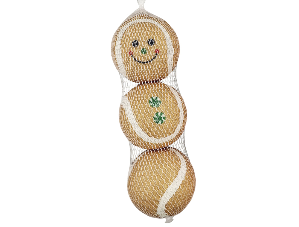Hundeleke Tennis baller Pepperkake mann, 3 baller i nett Ø 6 cm