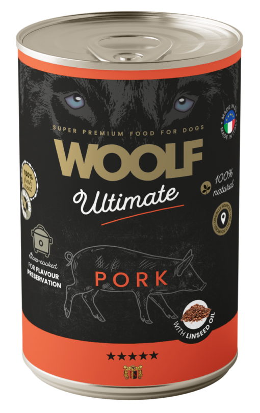 Woolf Ultimate Dog våtfôr - Pork with Linseed Oil 400g