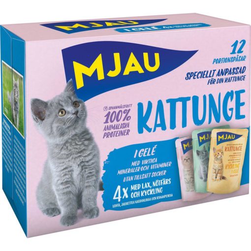 Mjau Pouch Multipack Kattunge Laks, Okse, Kylling i gelé,12x85gr