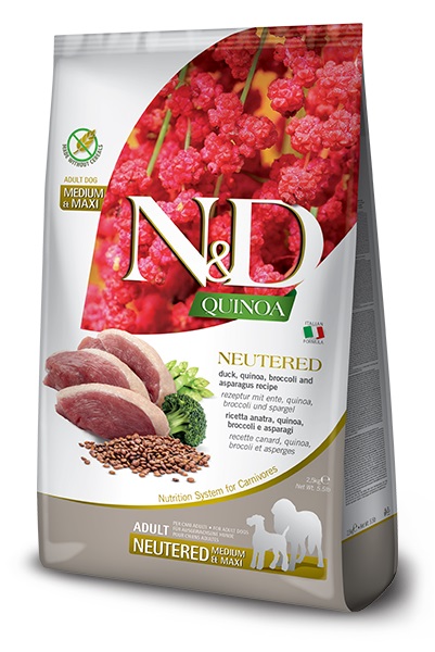 Farmina N&D Dog Quinoa Duck, Broccoli & Aspargus Neutered Adult Medum & Maxi 12 KG