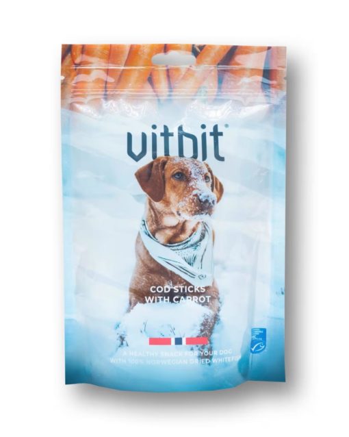 Hundesnacks Vitbit Cod Sticks M/Gulrot 100g