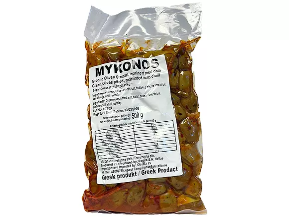 Oliven Grønne Steinfri m/chili (Mykonos) 500g x12