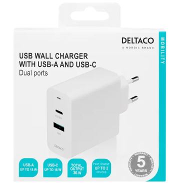 Deltaco Vegglader USB-C & USB-A