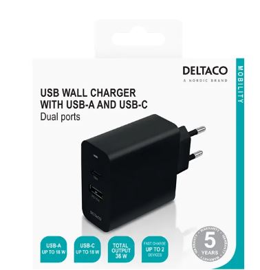 Vegglader DELTACO USB-A og USB-C