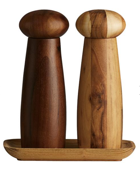 Raw Teakwood salt&pepper mill set with tray fra aida