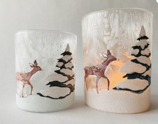 Trend design lysglass krakelert hjort i skog m/glitter