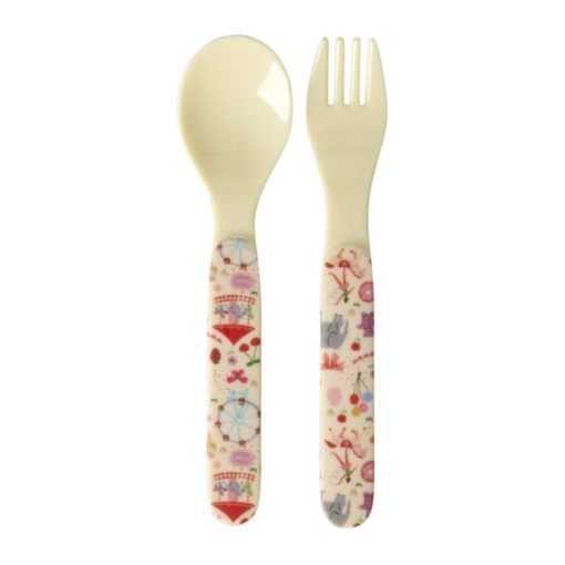 Rice baby melamin skje og gaffel fun fair print rosa