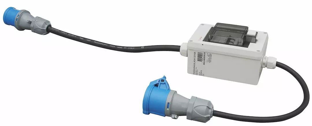 Overgang med nedsikring. Fra 32A 3-fas til 16A 1-fas