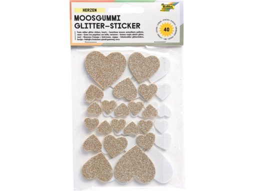 Folia Klistremerker Mosgummi Glitter – Hjerter hvit/gull