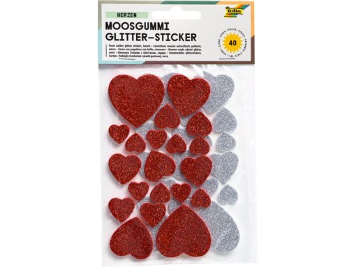 Folia Klistremerker Mosgummi Glitter - Hjerter rød/sølv