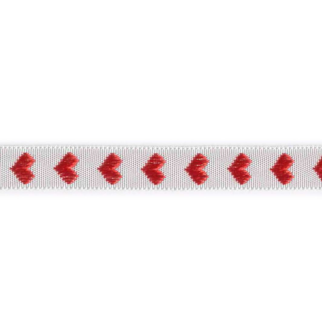 Vevet bånd m/Hjerter - 12mm - Hvit/rød