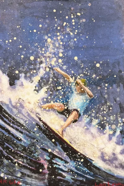 Håndkolorert lito, en surfer