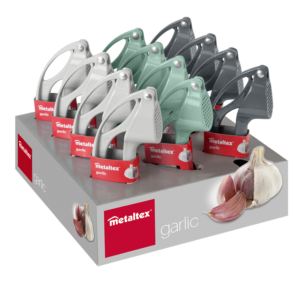 Hvitløkspresse Metaltex  i alu 3 ass farger 16 cm