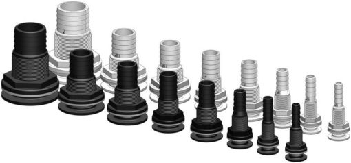 Skroggjennomføring 1" med 25 mm slangekobling, hvit