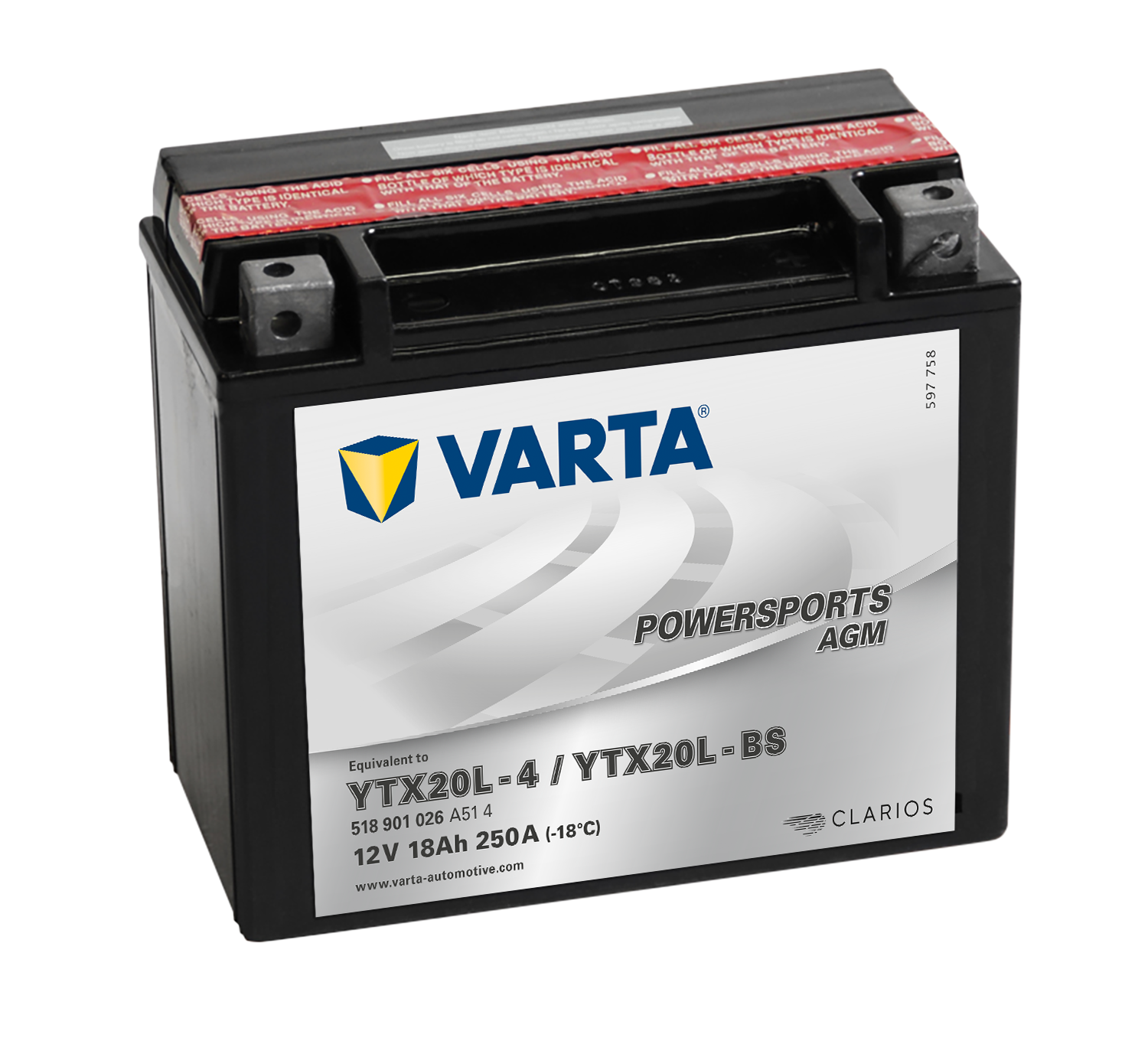 VARTA AGM MC Batteri 12V 18AH 250CCA (177x88x156mm) +høyre YTX20L-BS