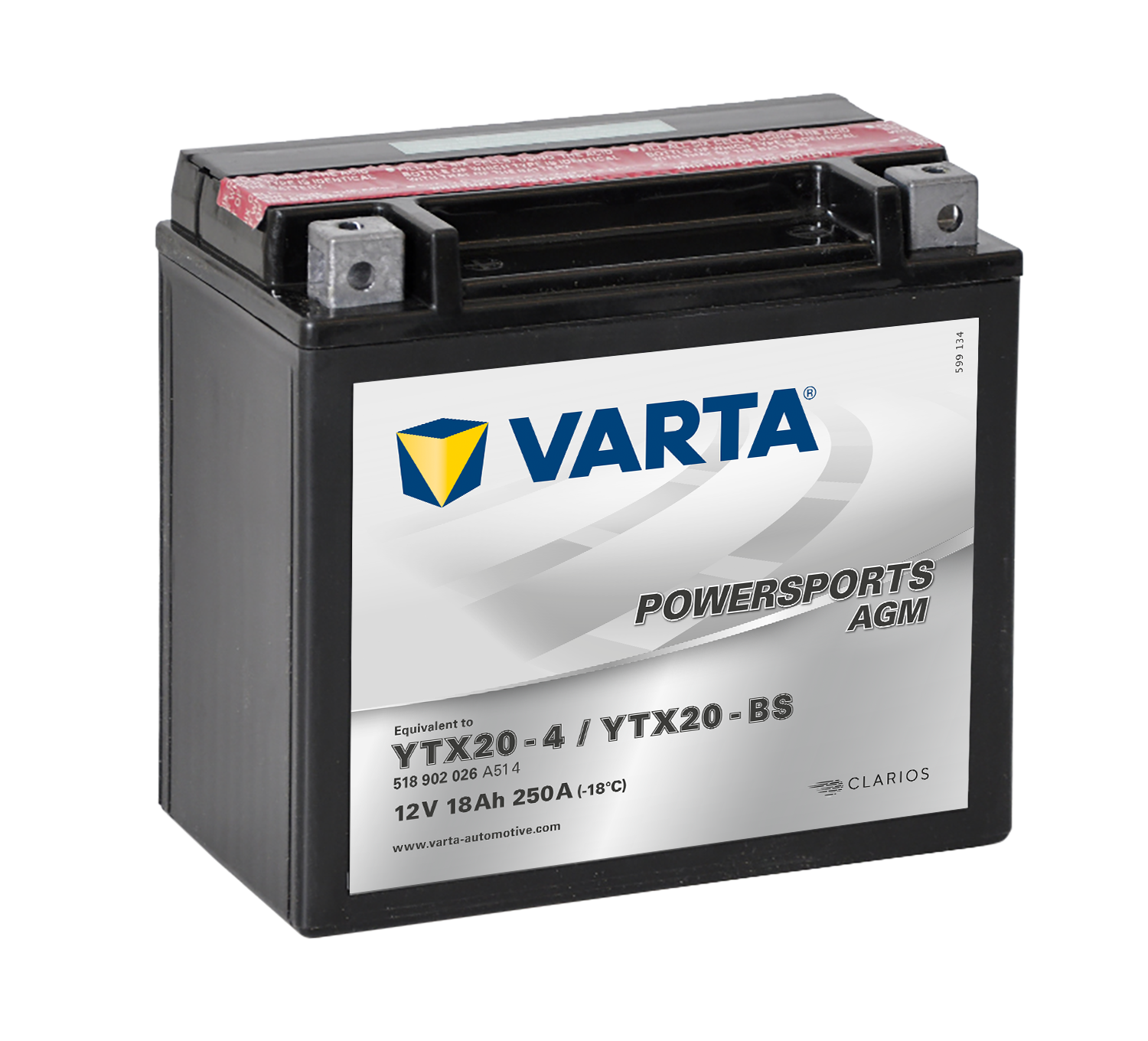 VARTA AGM MC Batteri 12V 18AH 250CCA (177x88x156mm) +venstre YTX20-BS