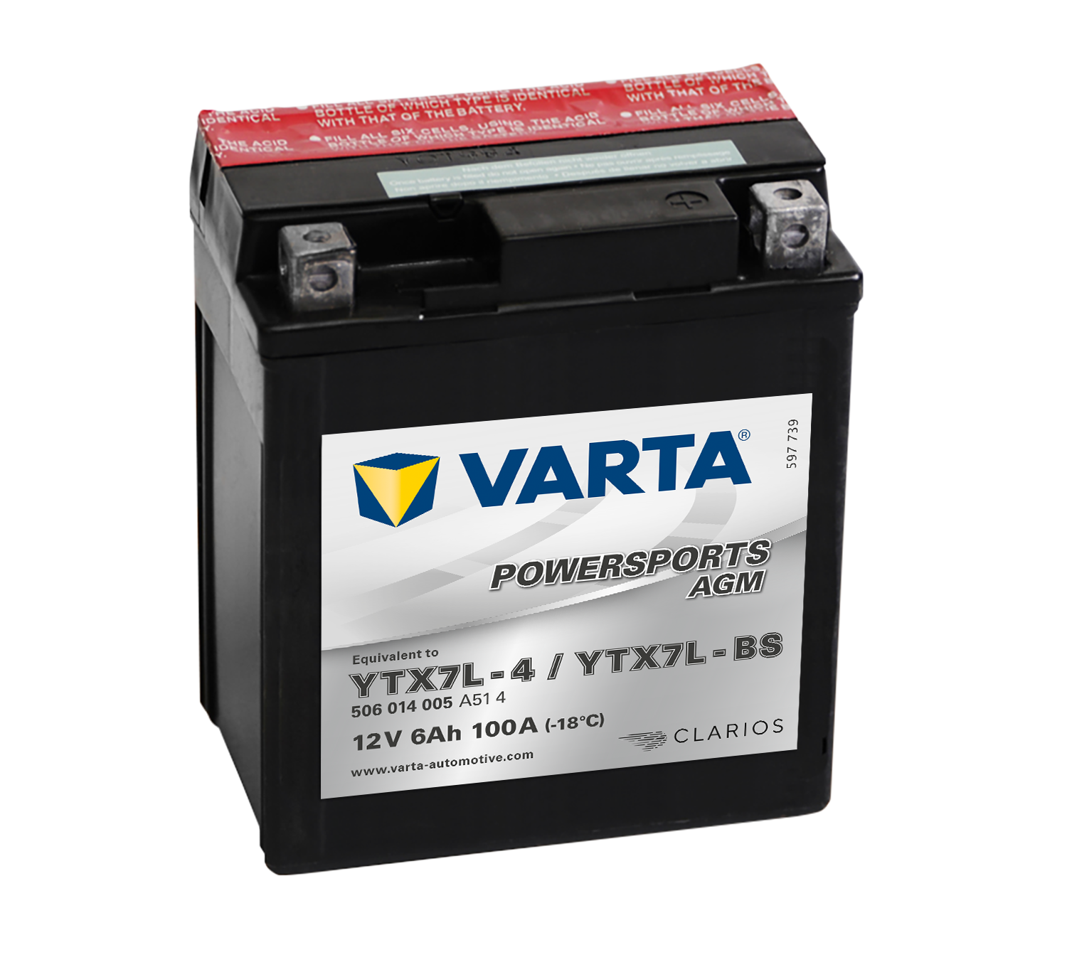 VARTA AGM MC Batteri 12V 6AH 100CCA (114x71x131mm) +høyre YTX7L-BS