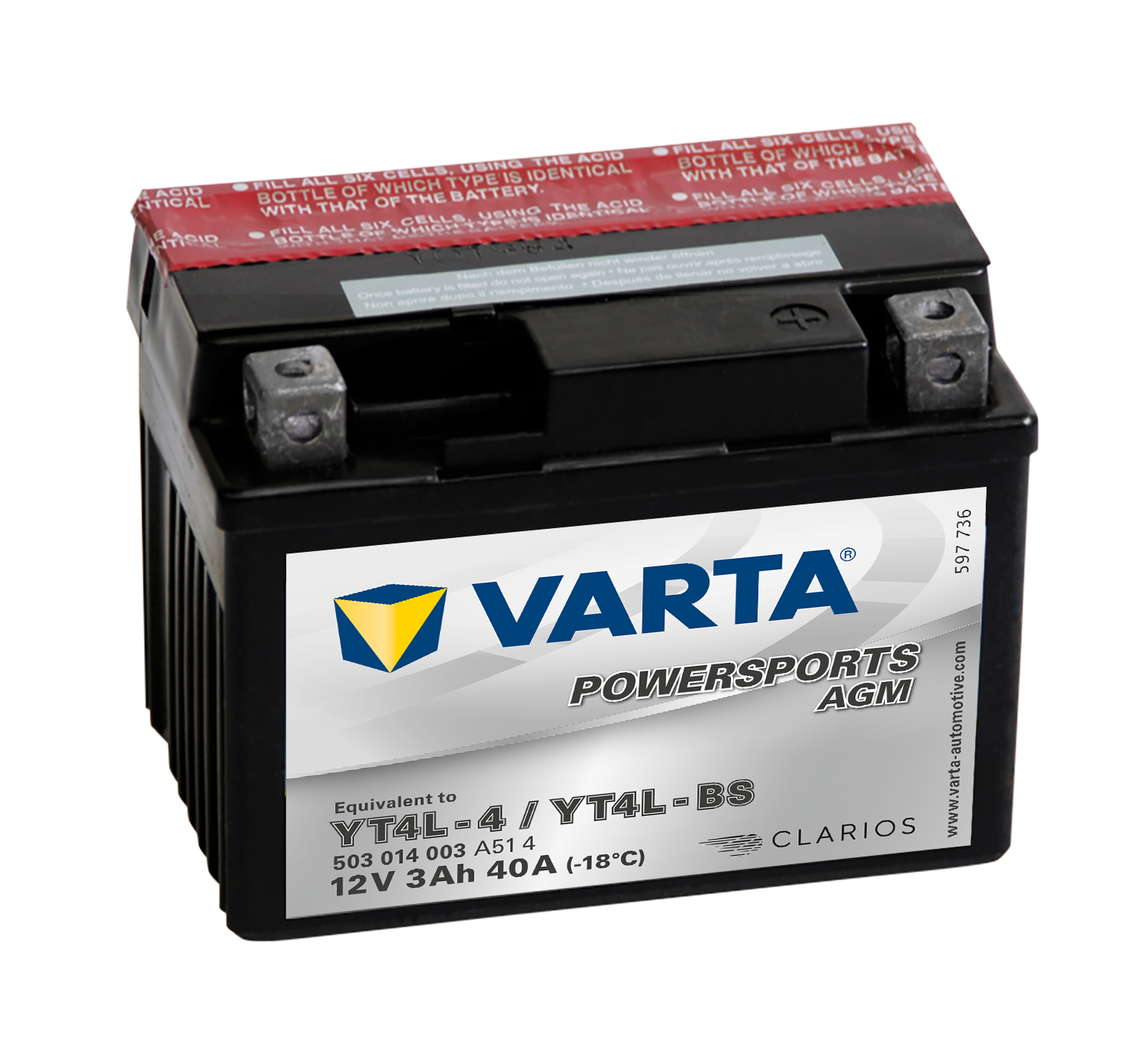 VARTA AGM MC Batteri 12V 3AH 40CCA (114x71x86mm) +høyre YTX4L-BS