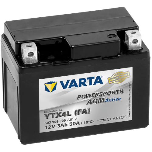 VARTA AGM MC Batteri 12V 3AH 50CCA (113x70x87mm) +høyre YTX4L (FA)