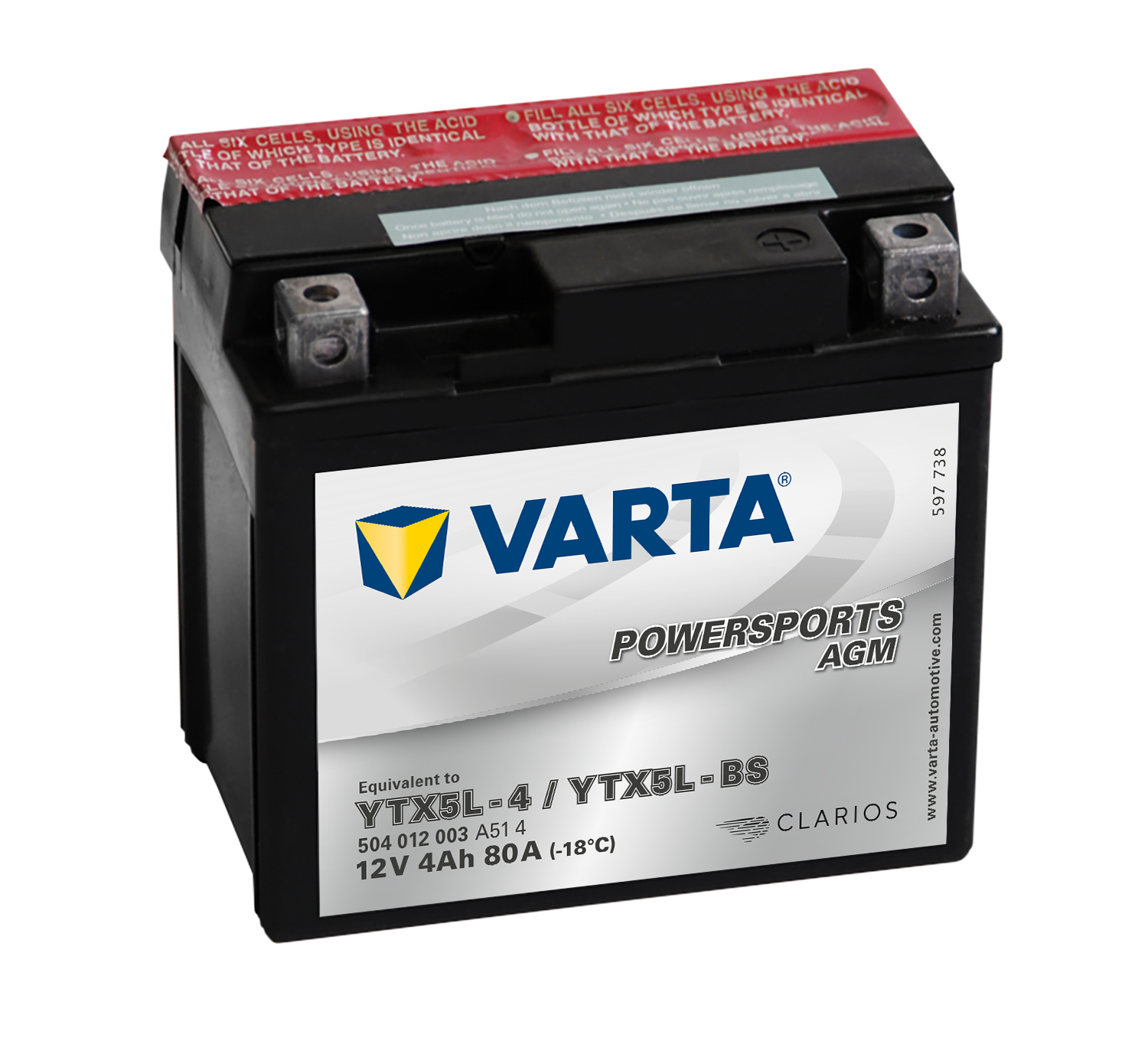 VARTA AGM MC Batteri 12V 4AH 80CCA (114x71x106mm) +høyre YTX5L-BS