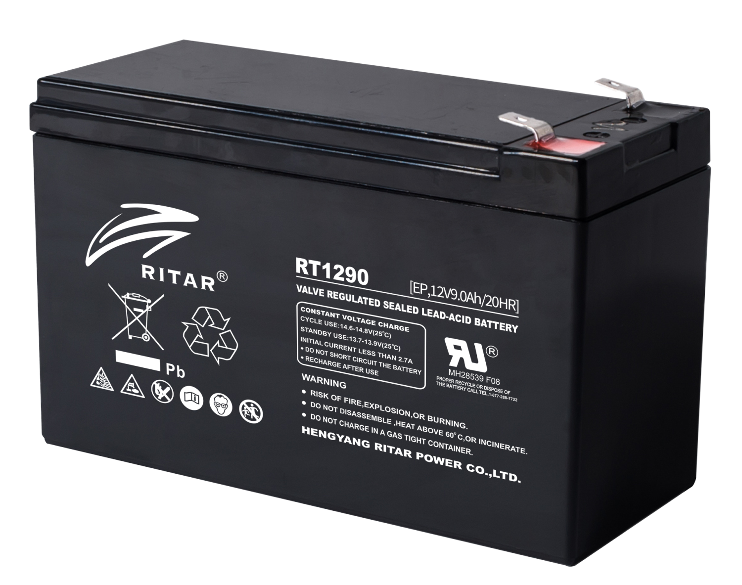 Ritar AGM Batteri 12V 9AH - RT1290EP Long Life (151x65x94mm) F2