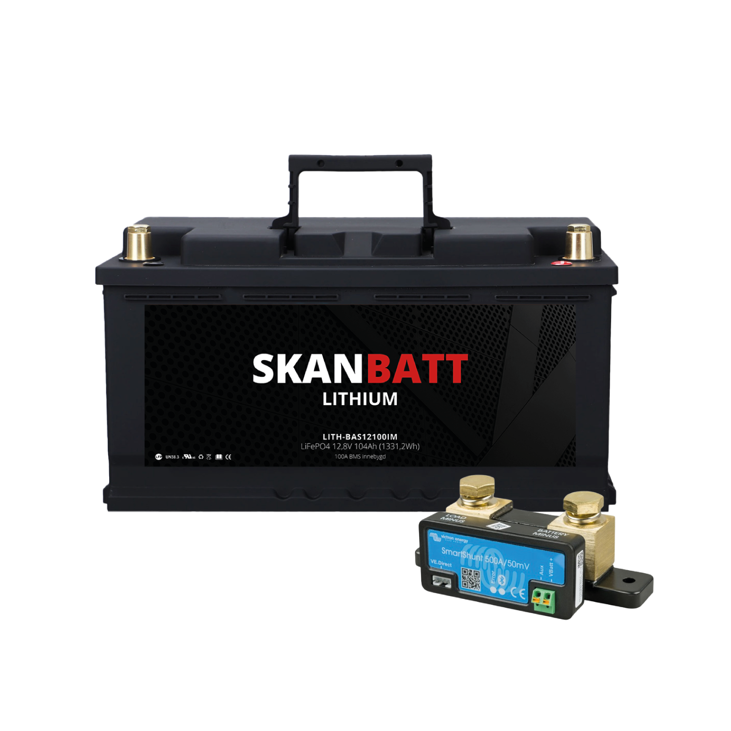 SKANBATT Lithium Batteri 12V 104AH 100A BMS (279x175x190mm) - Med Bluetooth - NYHET (kan forhåndsbes