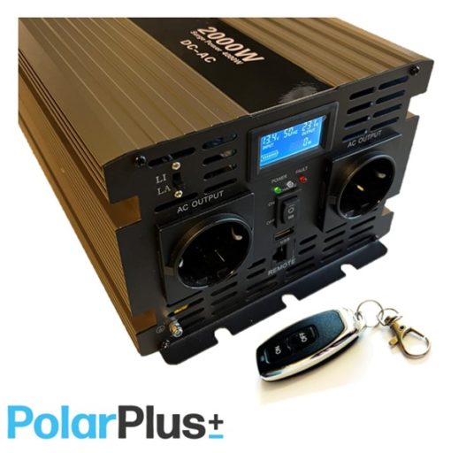 PolarPlus 12v inverter m/20A lader, 2000W ren sinus 230v, nettveksler