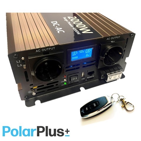 PolarPlus 12v inverter m/30A lader, 2000W ren sinus 230v, nettveksler