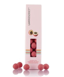 Lakris med Bringebærsmak i Hvit Sjokolade