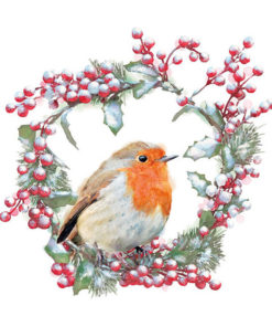 Kaffeserviett - Robin In Wreath