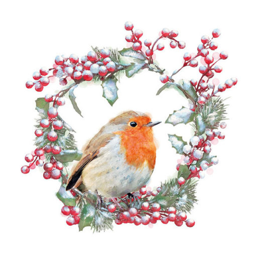 Kaffeserviett - Robin In Wreath