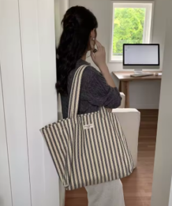 Stripete Tote Bag - Beige/Sort