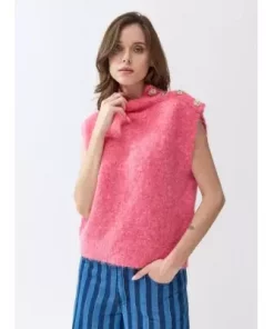 Strikkavest med Gullknapper - Bringebær