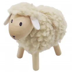 Sau av tre med beige ull, liten, furu