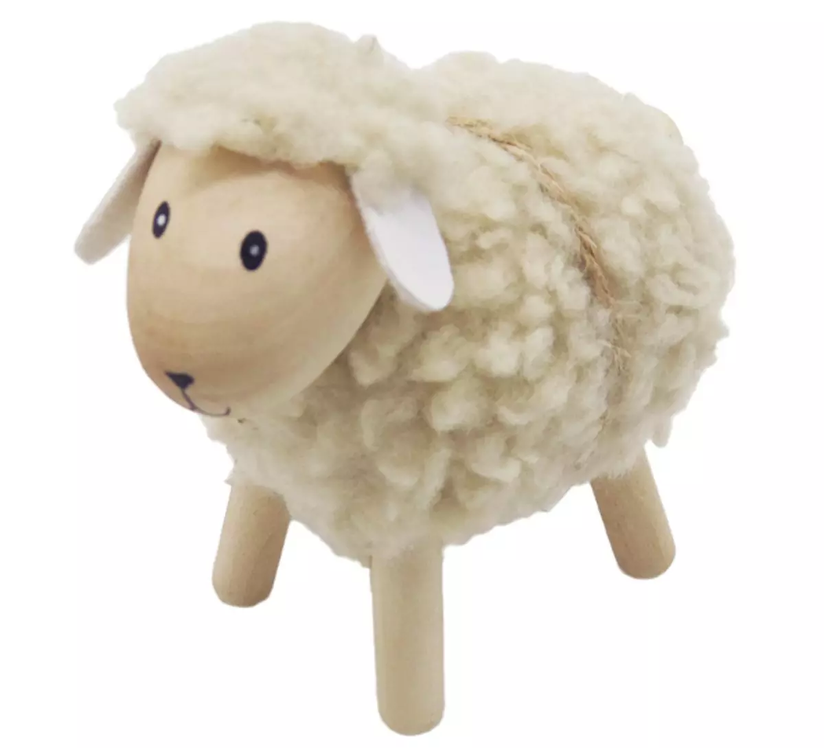 Sau av tre med beige ull, liten, furu