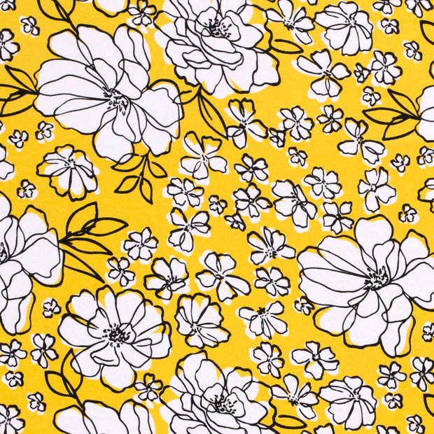 Viskosejersey - Lys gul med store blomster